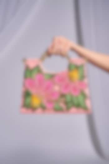 Pink Faux Leather Floral & Glass Bead Embroidered Hand Bag by Papa don't preach by Shubhika Accessories at Pernia's Pop Up Shop