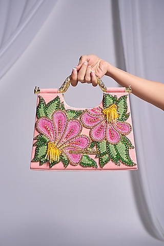 Pink Faux Leather Floral & Glass Bead Embroidered Hand Bag by Papa don't preach by Shubhika Accessories