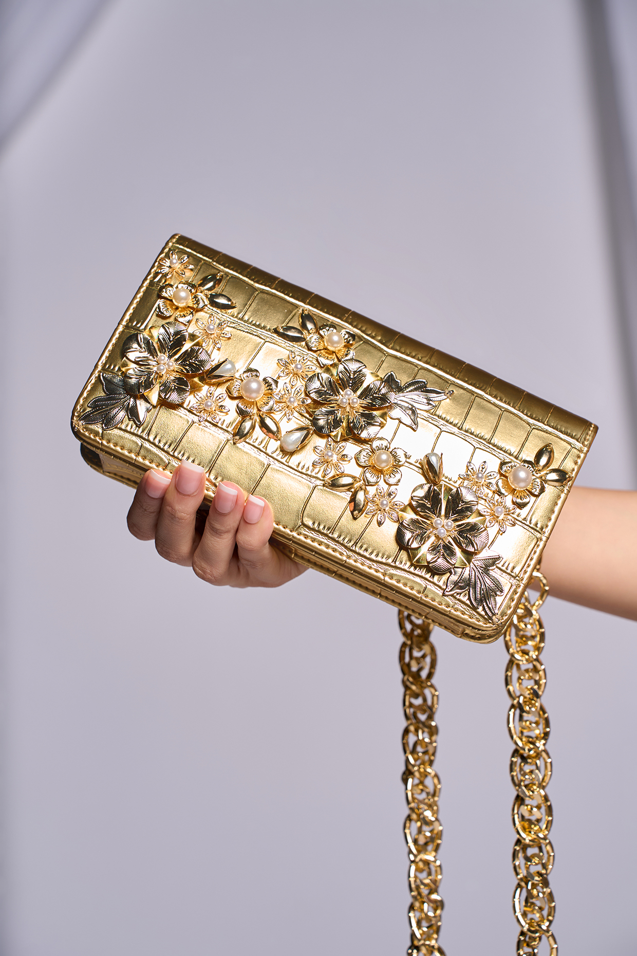 Gold Faux Leather Swarovski & Pearl Embellished Bag by Papa don't preach by Shubhika Accessories at Pernia's Pop Up Shop