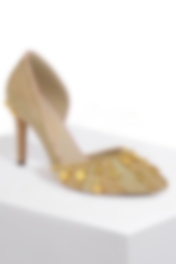 Gold Hand Embroidered Stiletto Pumps by Papa don't preach by Shubhika Accessories