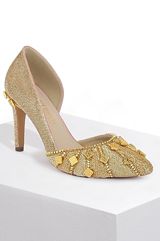 Gold Hand Embroidered Stiletto Pumps by Papa don't preach by Shubhika Accessories