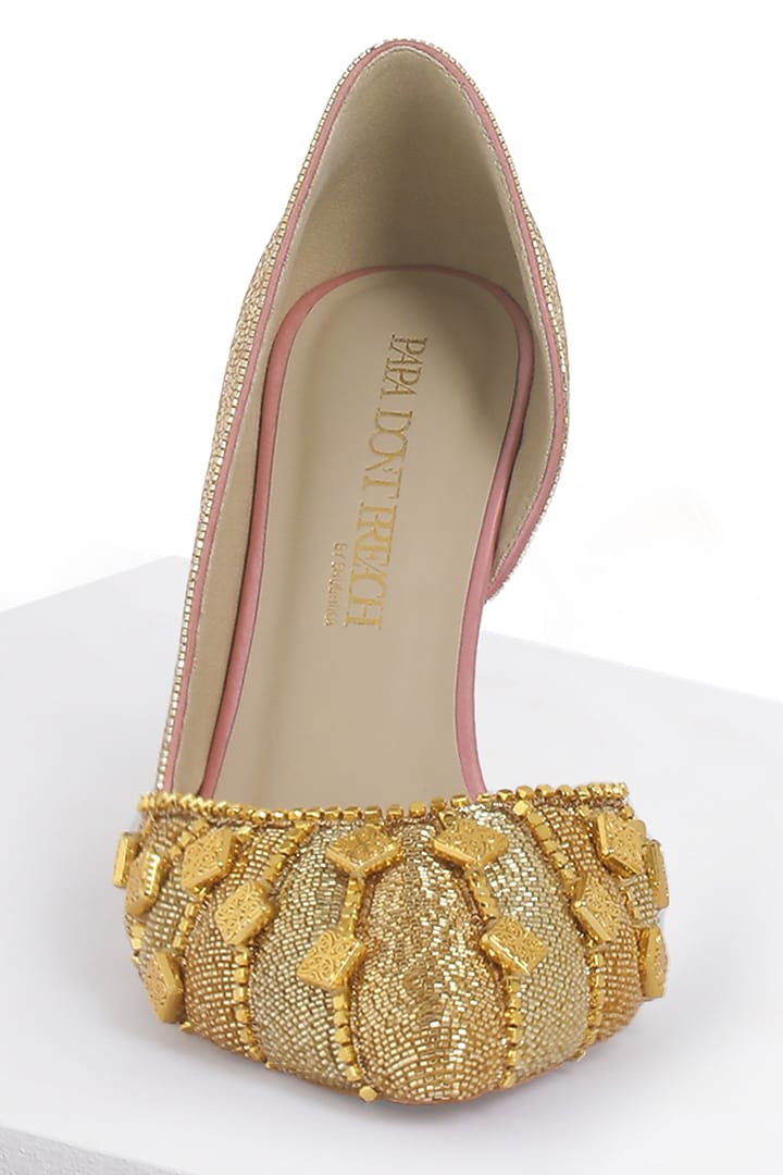 Gold Hand Embroidered Stiletto Pumps by Papa don't preach by Shubhika Accessories at Pernia's Pop Up Shop