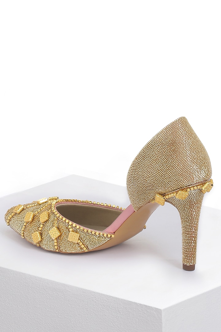 Gold Hand Embroidered Stiletto Pumps by Papa don't preach by Shubhika Accessories at Pernia's Pop Up Shop
