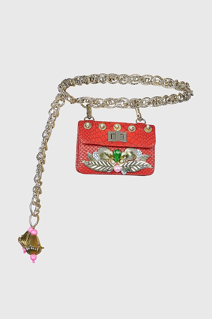 Red Embellished Waist Belt Bag by Papa don't preach by Shubhika Accessories