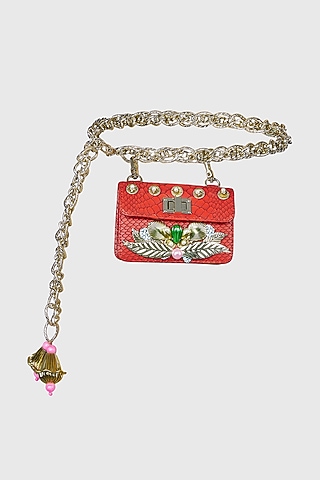 Red Embellished Waist Belt Bag by Papa don't preach by Shubhika Accessories