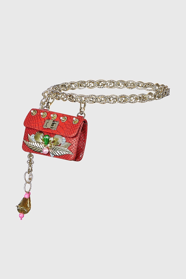 Red Embellished Waist Belt Bag by Papa don't preach by Shubhika Accessories at Pernia's Pop Up Shop