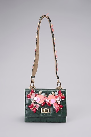 Green Leather Embellished Crossbody Bag by Papa don't preach by Shubhika Accessories
