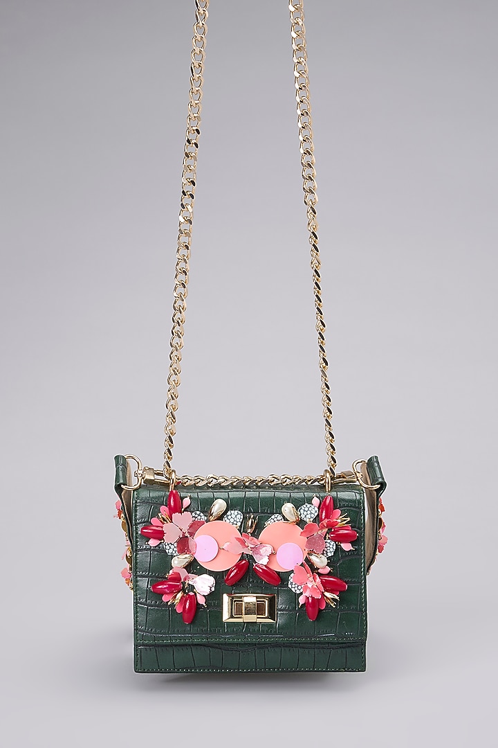 Green Leather Embellished Crossbody Bag by Papa don't preach by Shubhika Accessories at Pernia's Pop Up Shop