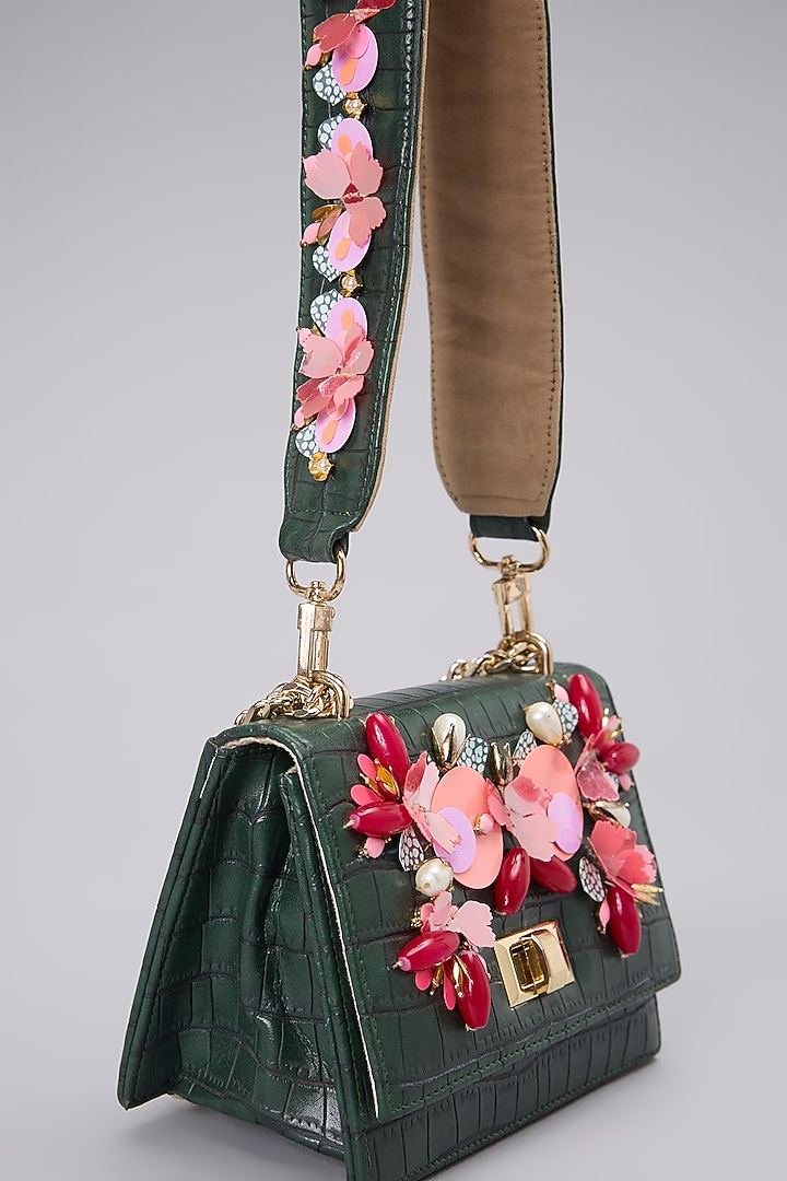 Green Leather Embellished Crossbody Bag by Papa don't preach by Shubhika Accessories at Pernia's Pop Up Shop