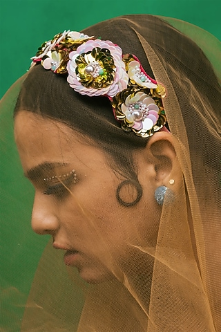 Pink Sequins & Pearl Floral Embroidered Headband by Papa don't preach by Shubhika Accessories