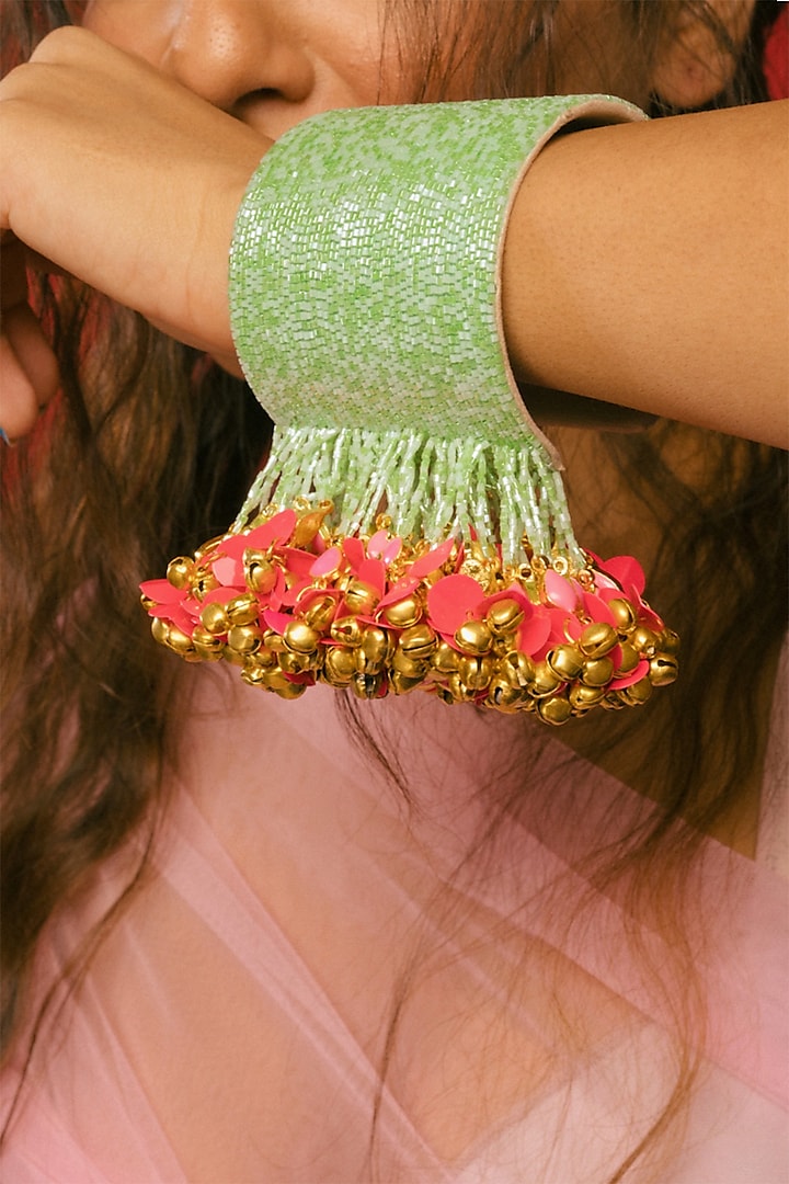 Multi-Colored Kundan & Cut Bead Cuff Bangle by Papa don't preach by Shubhika Accessories