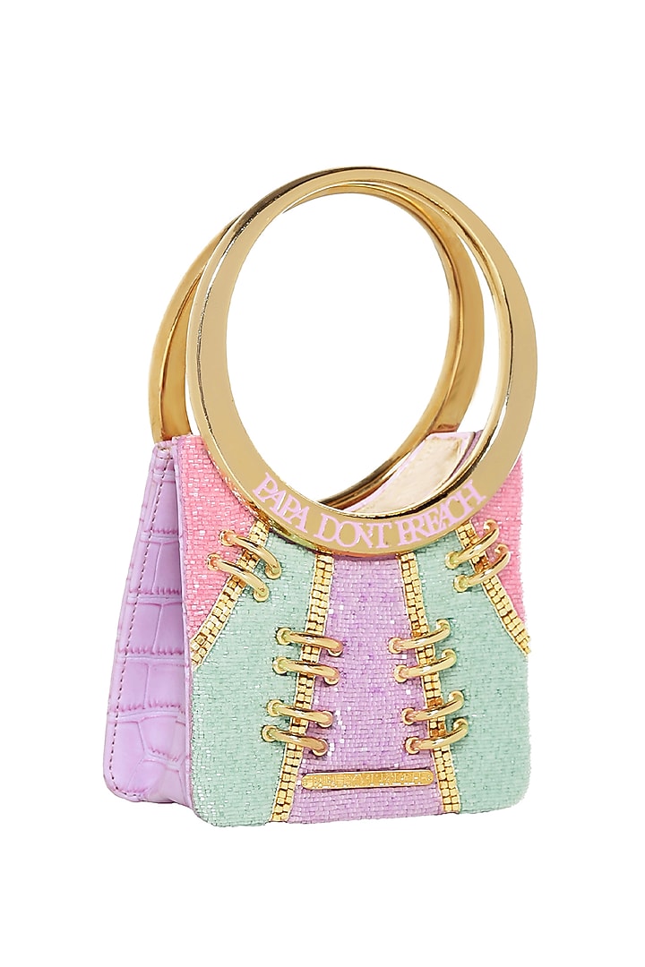 Multi-Colored Faux Leather & Raw Silk Hand Embroidered Mini Bag by Papa don't preach by Shubhika Accessories at Pernia's Pop Up Shop