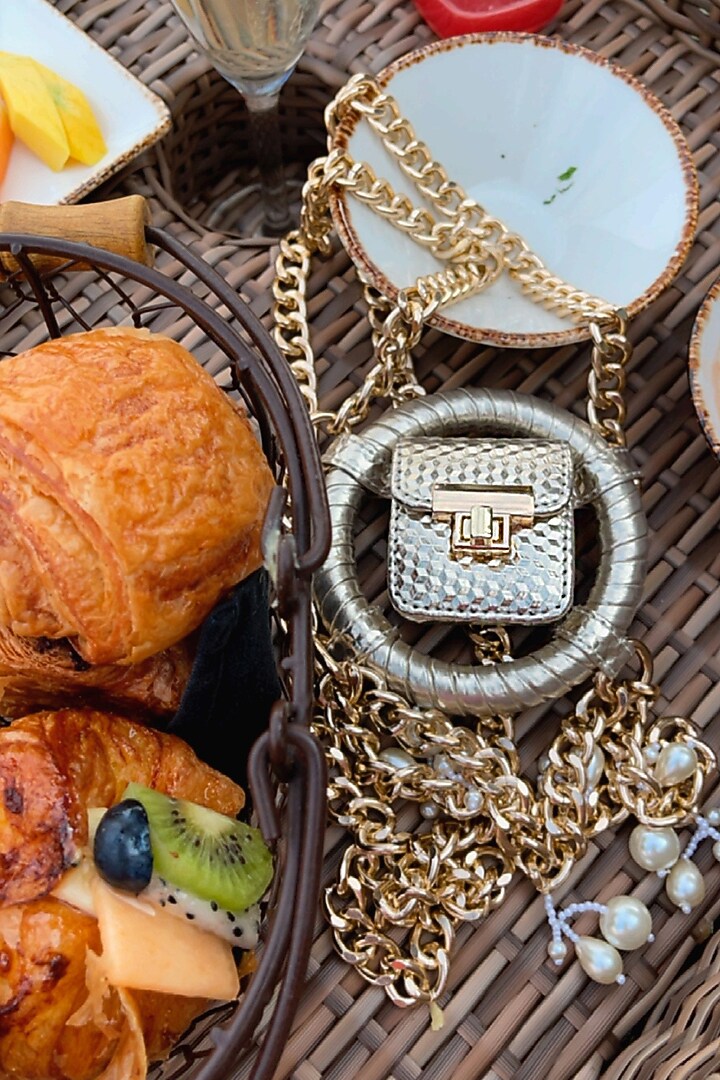 Gold Faux Leather Mini Crossbody Bag by Papa don't preach by Shubhika Accessories at Pernia's Pop Up Shop