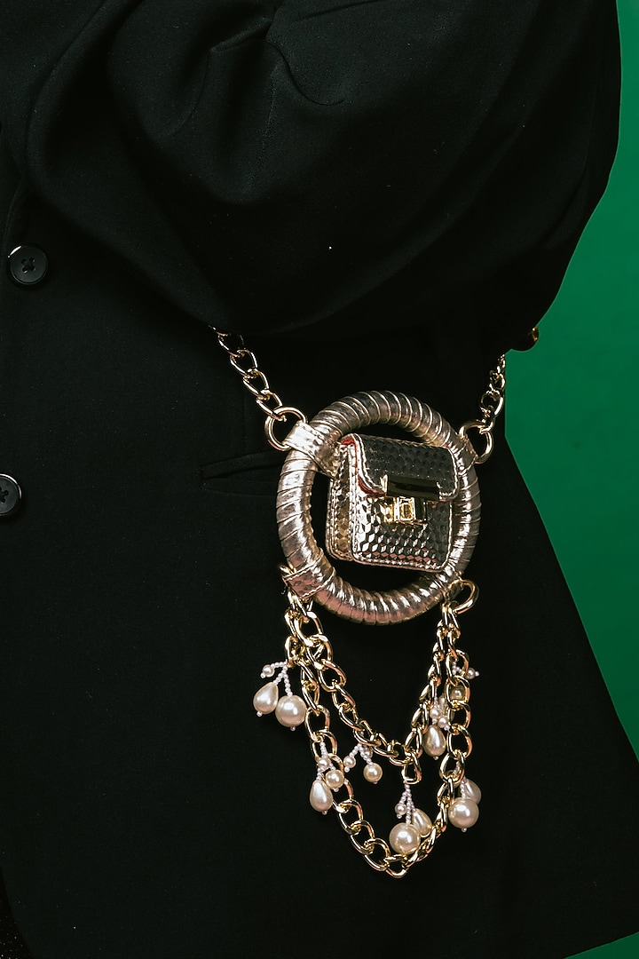 Gold Faux Leather Mini Crossbody Bag by Papa don't preach by Shubhika Accessories at Pernia's Pop Up Shop