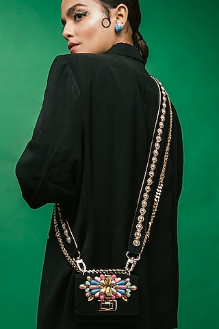 Black Suede Embellished Crossbody Bag by Papa don't preach by Shubhika Accessories