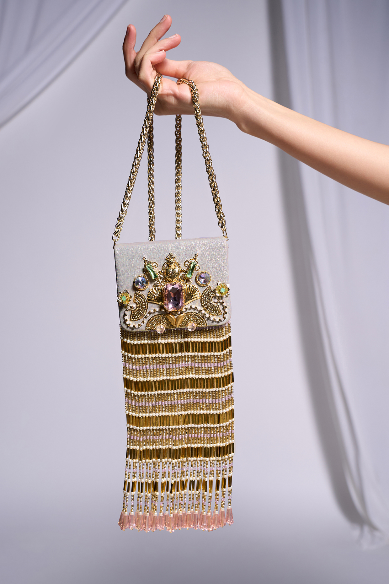 Silver Faux Leather Swarovski & Pearl Embellished Bag by Papa don't preach by Shubhika Accessories at Pernia's Pop Up Shop