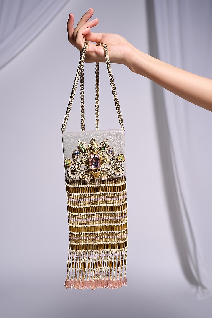 Silver Faux Leather Swarovski & Pearl Embellished Bag by Papa don't preach by Shubhika Accessories at Pernia's Pop Up Shop