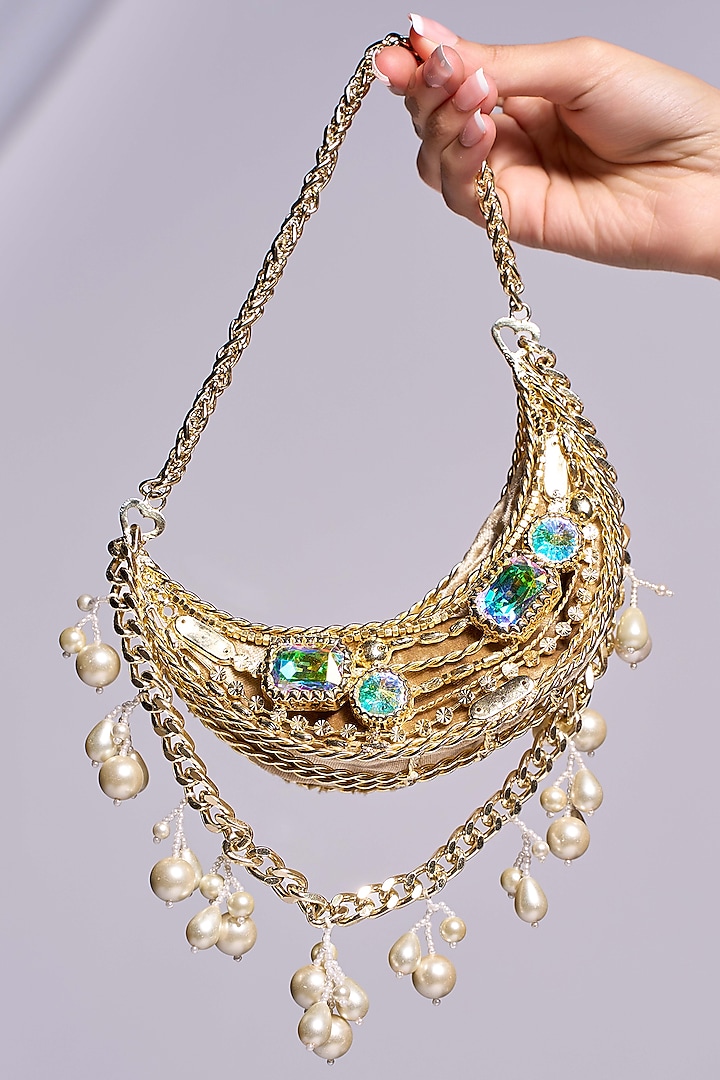Gold Brass Crystal Embellished Handcrafted Metal Bag by Papa don't preach by Shubhika Accessories at Pernia's Pop Up Shop
