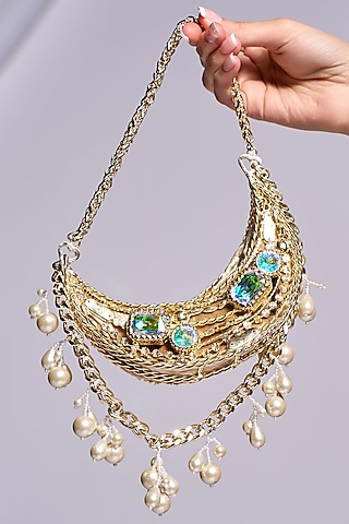 Gold Brass Crystal Embellished Handcrafted Metal Bag by Papa don't preach by Shubhika Accessories
