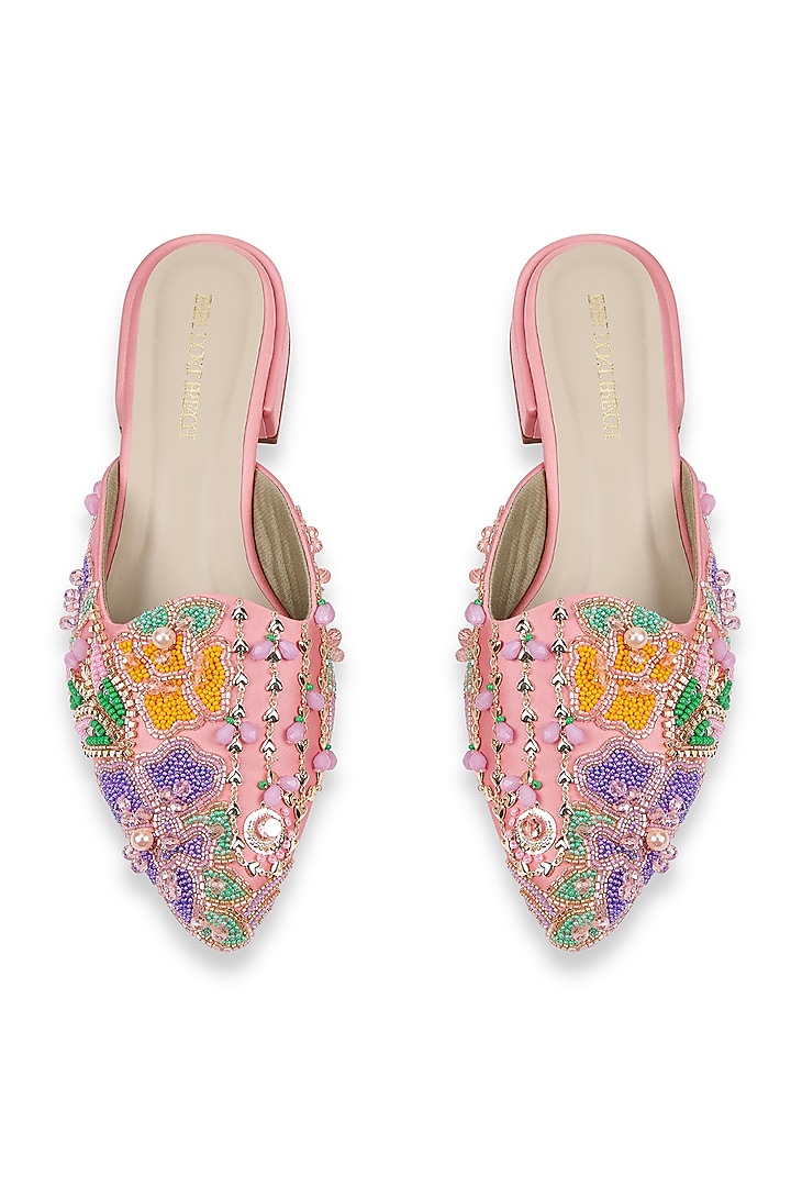 Blush Dutch Satin Glass Bead Work Mules by Papa don't preach by Shubhika Accessories at Pernia's Pop Up Shop