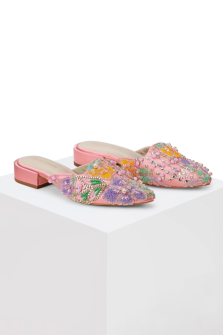Blush Dutch Satin Glass Bead Work Mules by Papa don't preach by Shubhika Accessories at Pernia's Pop Up Shop