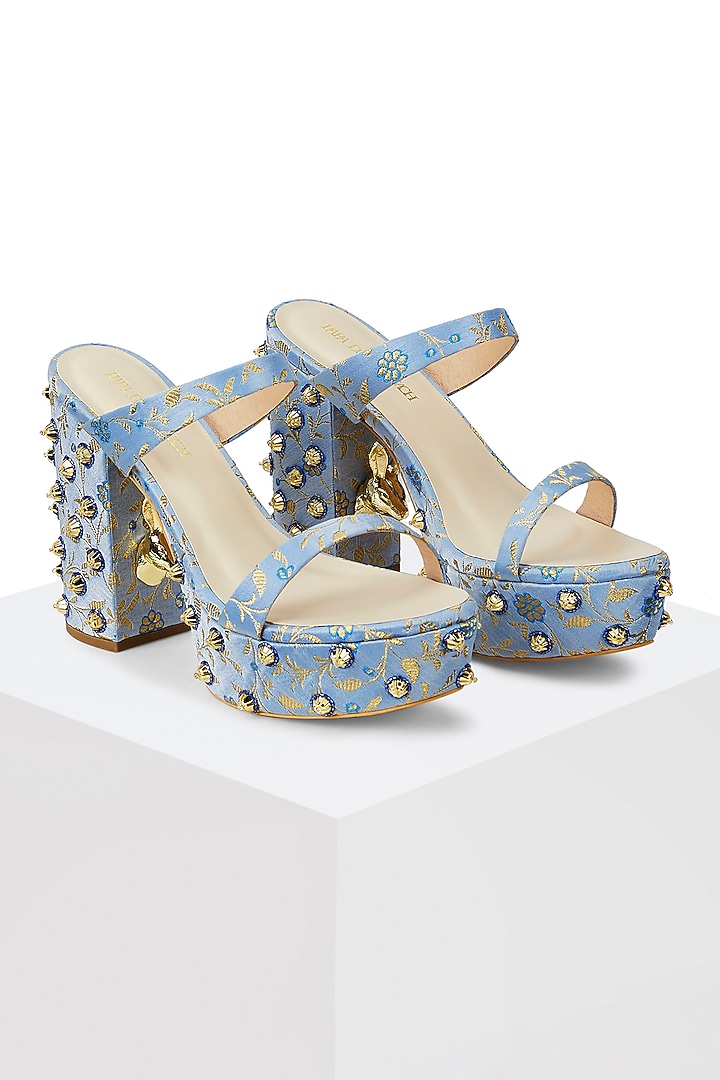 Blue Brocade Embroidered Block Heels by Papa don't preach by Shubhika Accessories at Pernia's Pop Up Shop
