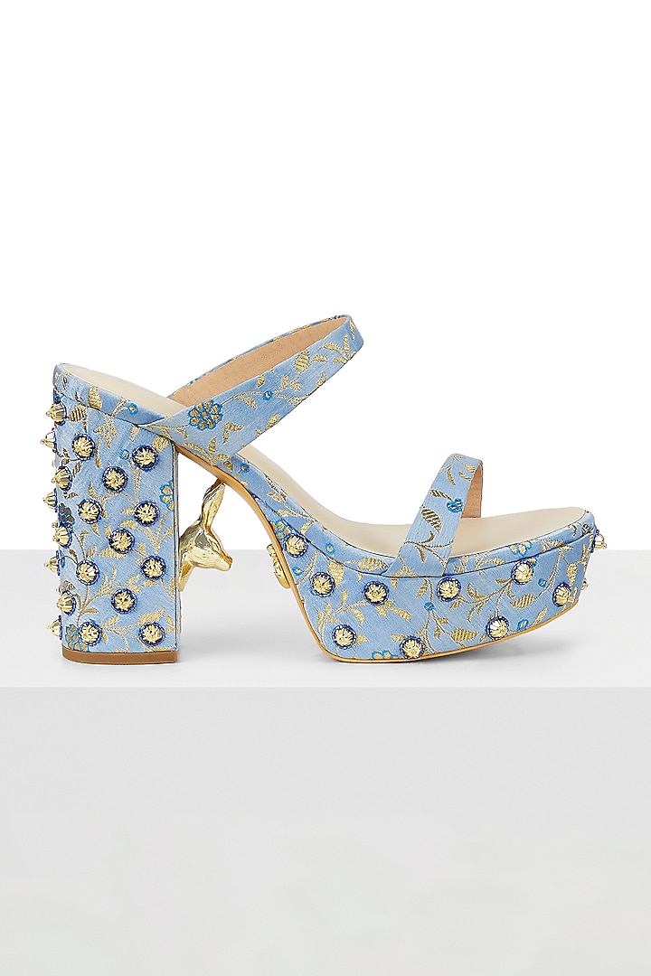 Blue Brocade Embroidered Block Heels by Papa don't preach by Shubhika Accessories at Pernia's Pop Up Shop