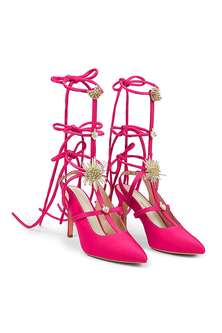 Hot Pink Dutch Satin Embroidered Stilettos by Papa don't preach by Shubhika Accessories at Pernia's Pop Up Shop