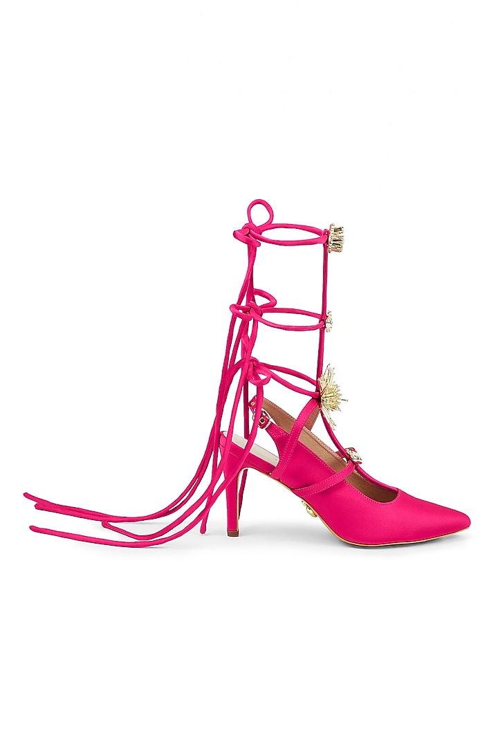 Hot Pink Dutch Satin Embroidered Stilettos by Papa don't preach by Shubhika Accessories at Pernia's Pop Up Shop
