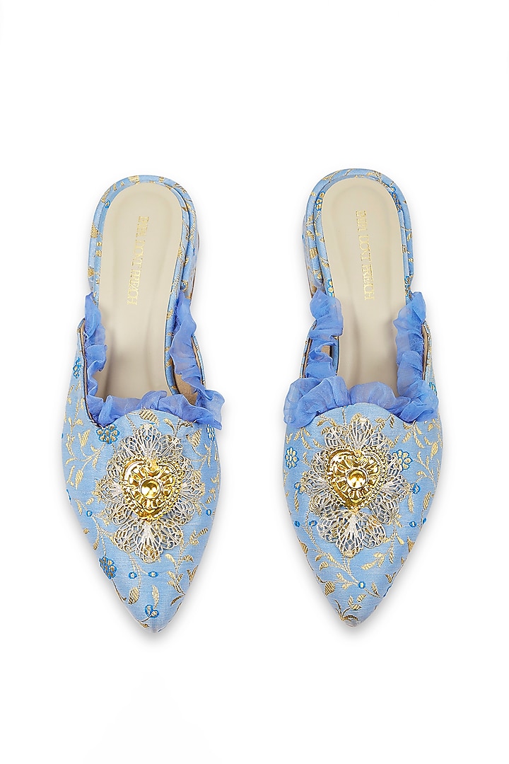 Blue Brocade & Organza Mules by Papa don't preach by Shubhika Accessories at Pernia's Pop Up Shop