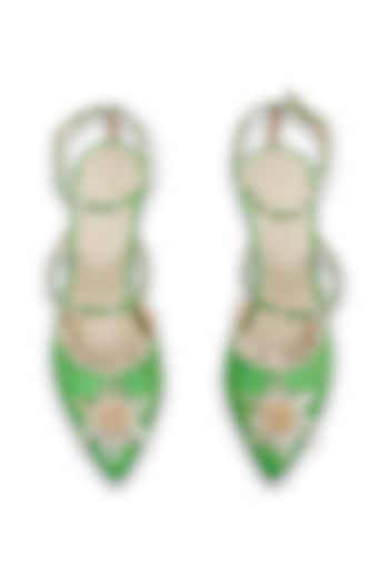 Green Brocade Hand Embroidered Stilettos by Papa don't preach by Shubhika Accessories at Pernia's Pop Up Shop