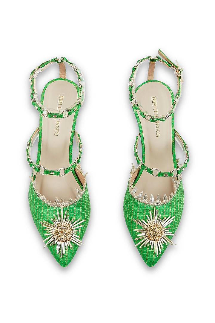 Green Brocade Hand Embroidered Stilettos by Papa don't preach by Shubhika Accessories at Pernia's Pop Up Shop