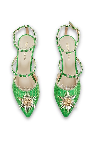 Green Brocade Hand Embroidered Stilettos by Papa don't preach by Shubhika Accessories