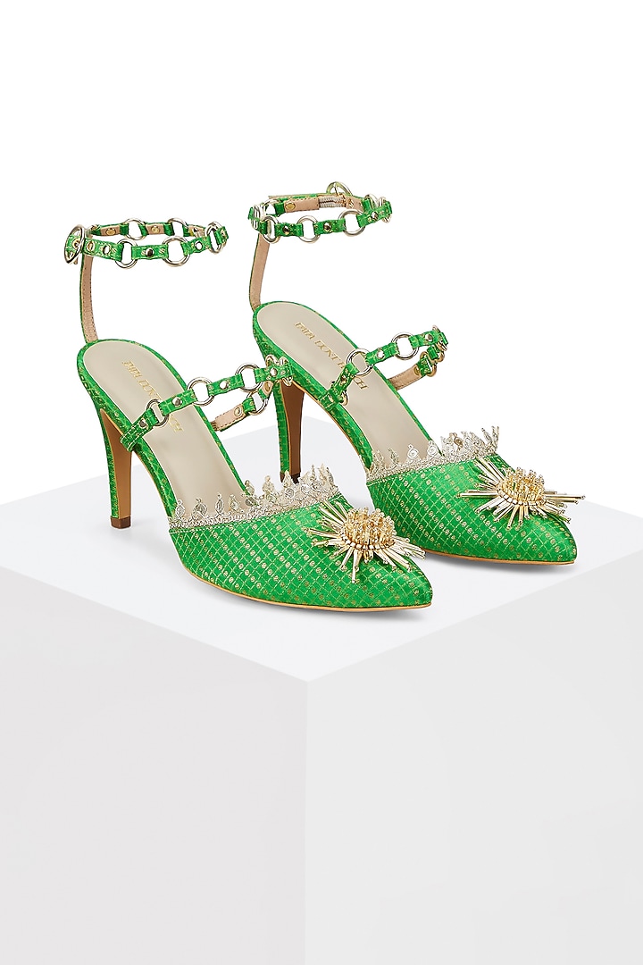 Green Brocade Hand Embroidered Stilettos by Papa don't preach by Shubhika Accessories at Pernia's Pop Up Shop