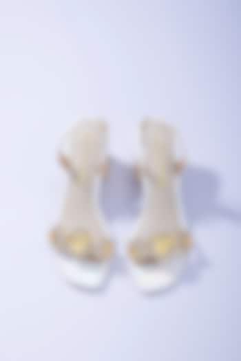 French Vanilla White Vegan Leather Hand Embellished Block Heels by Papa Don't Preach by Shubhika Footwear