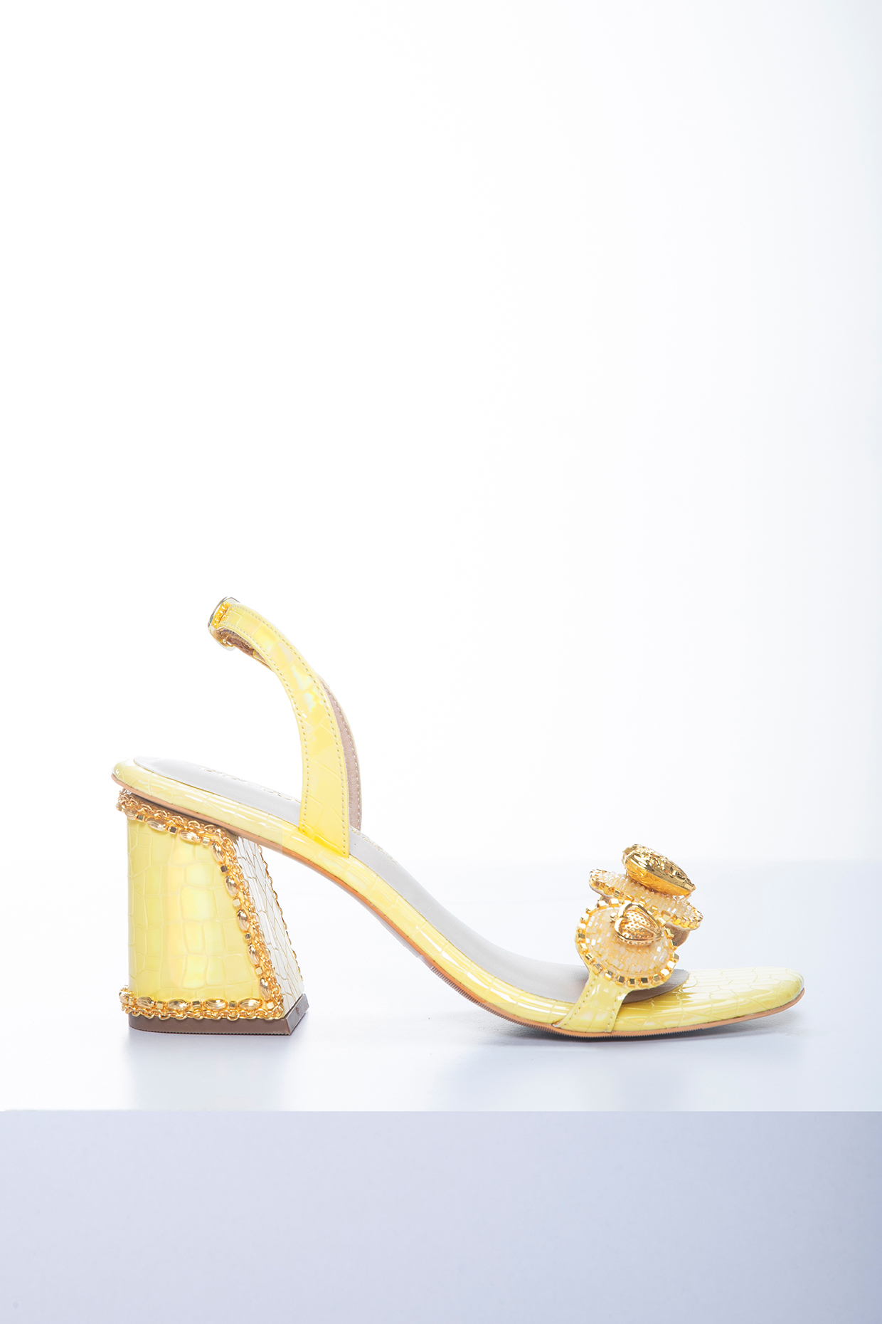 Lemon Yellow Vegan Leather Hand Embellished Block Heels by Papa Don't Preach by Shubhika Footwear at Pernia's Pop Up Shop