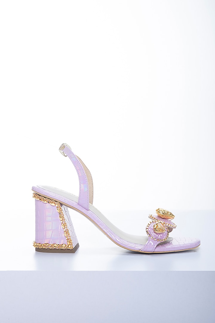 Lilac Vegan Leather Hand Embellished Block Heels by Papa Don't Preach by Shubhika Footwear