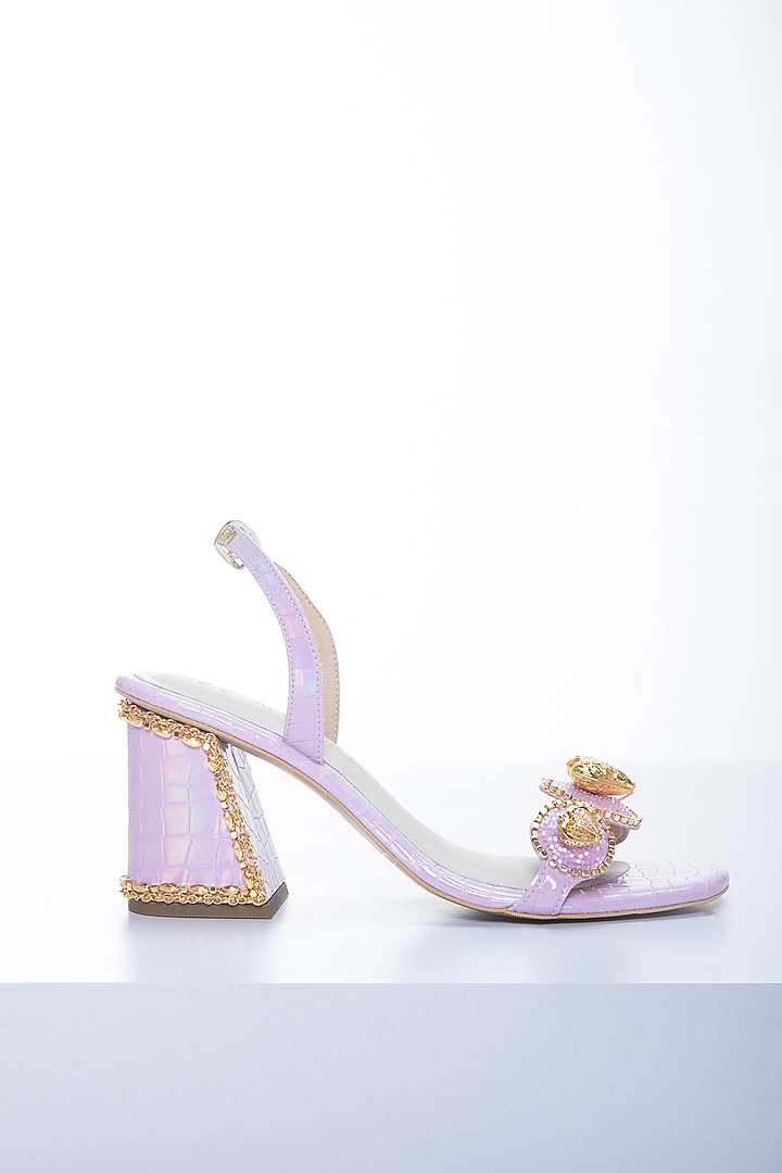 Lilac Vegan Leather Hand Embellished Block Heels by Papa Don't Preach by Shubhika Footwear at Pernia's Pop Up Shop