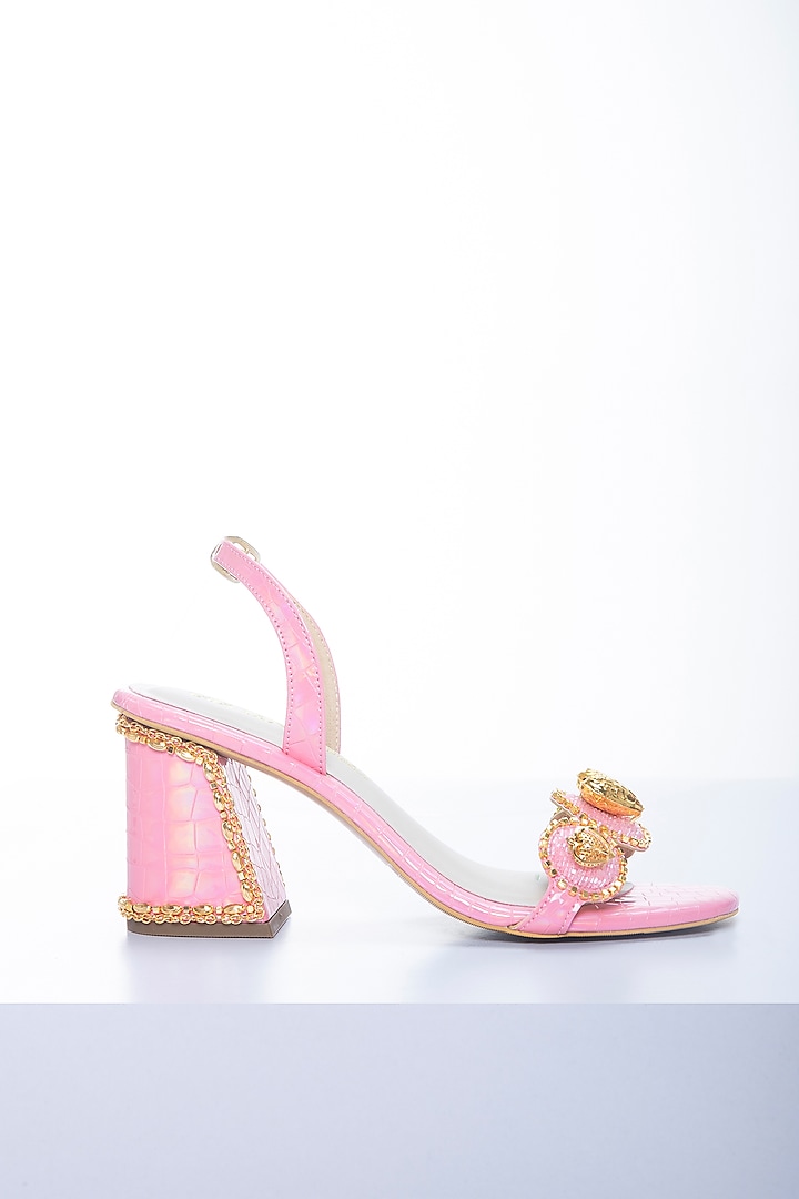 Rose Pink Vegan Leather Hand Embellished Block Heels by Papa Don't Preach by Shubhika Footwear