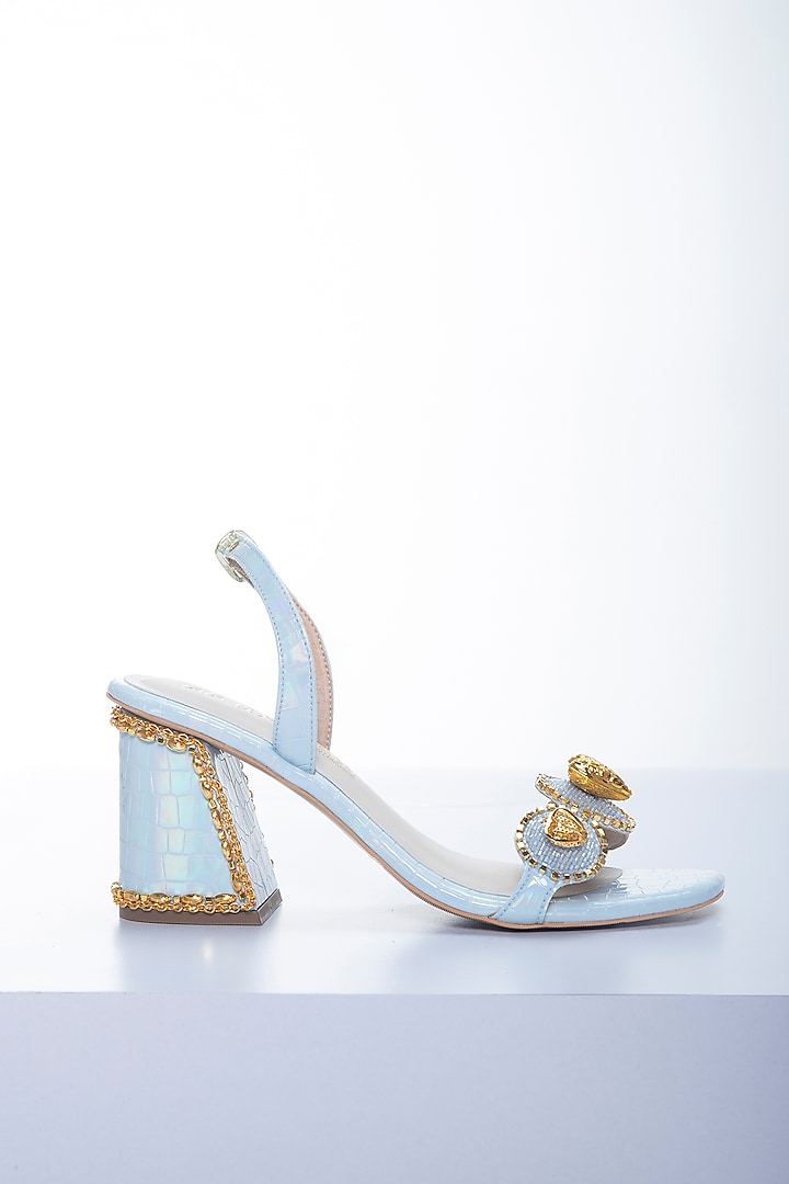 Blueberry Vegan Leather Hand Embellished Block Heels by Papa Don't Preach by Shubhika Footwear at Pernia's Pop Up Shop