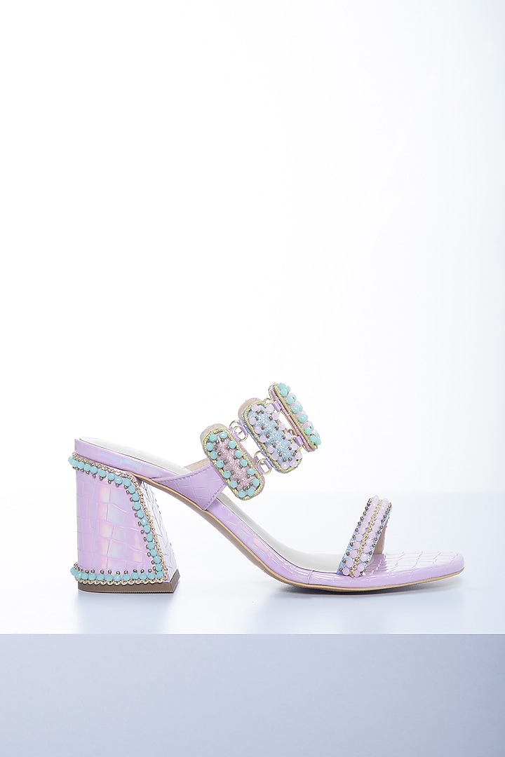 Lilac PU & Metallic Textured Lurex Block Heels by Papa Don't Preach by Shubhika Footwear