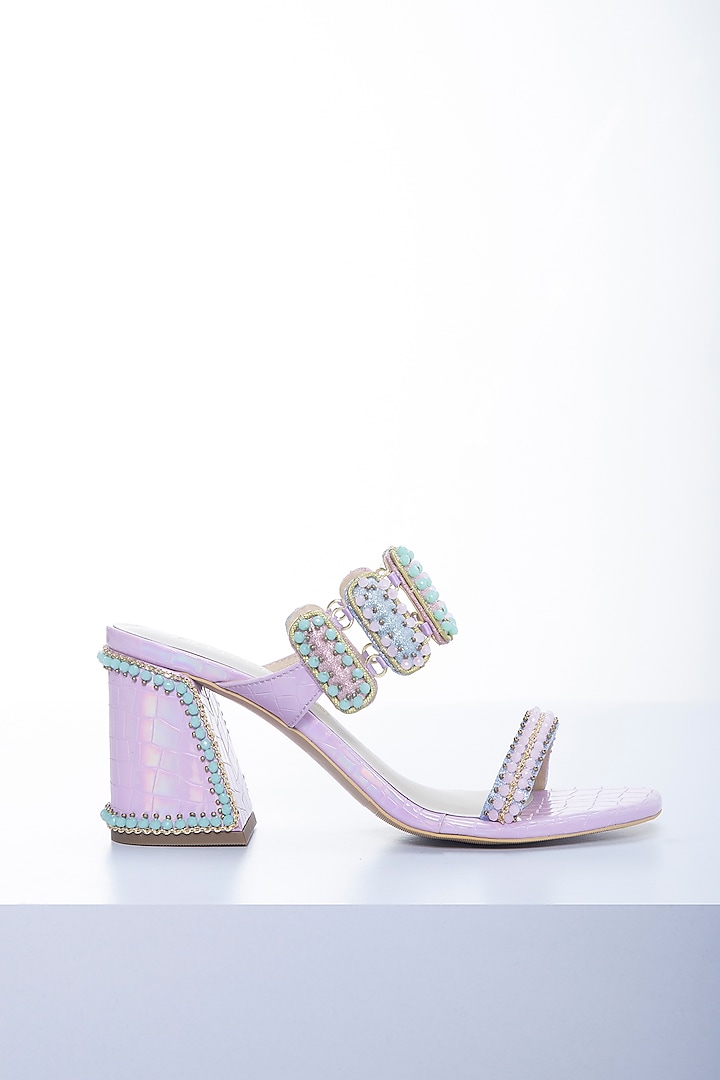 Lilac PU & Metallic Textured Lurex Block Heels by Papa Don't Preach by Shubhika Footwear at Pernia's Pop Up Shop