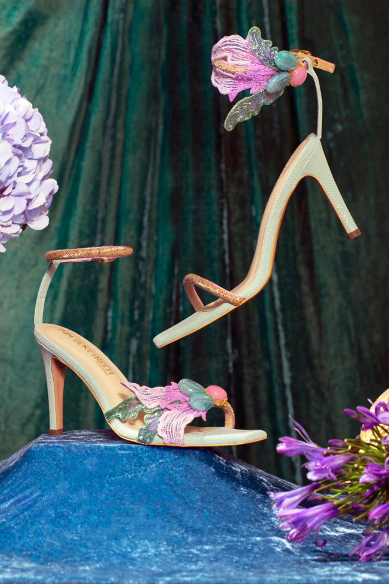 Mint Lilac Vegan Leather Embroidered Feathered Stilettos by Papa Don t Preach by Shubhika Footwear at Pernia s Pop Up Shop 2024