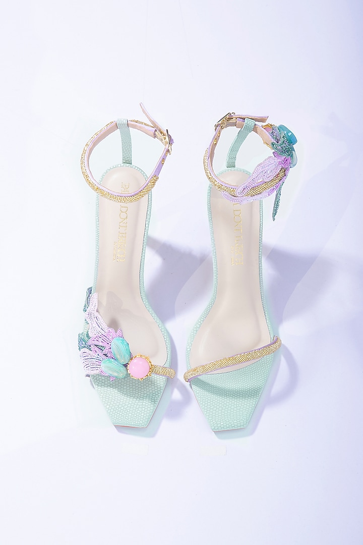 Mint & Lilac Vegan Leather Embroidered Feathered Stilettos by Papa Don't Preach by Shubhika Footwear at Pernia's Pop Up Shop