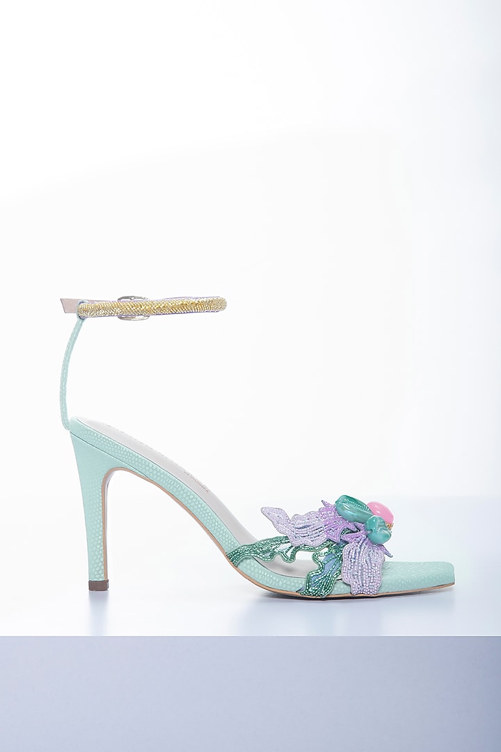 Mint & Lilac Vegan Leather Embroidered Feathered Stilettos by Papa Don't Preach by Shubhika Footwear at Pernia's Pop Up Shop