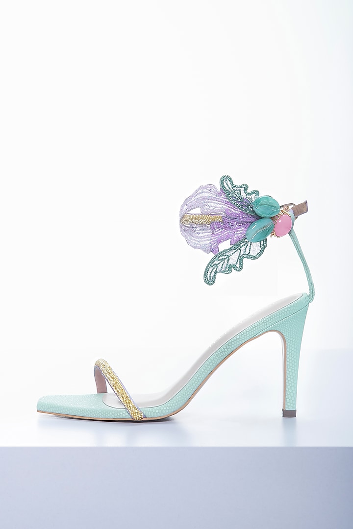 Mint & Lilac Vegan Leather Embroidered Feathered Stilettos by Papa Don't Preach by Shubhika Footwear at Pernia's Pop Up Shop