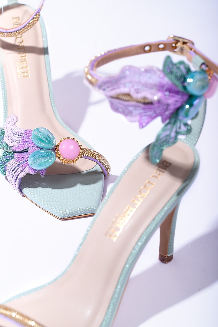 Mint & Lilac Vegan Leather Embroidered Feathered Stilettos by Papa Don't Preach by Shubhika Footwear at Pernia's Pop Up Shop