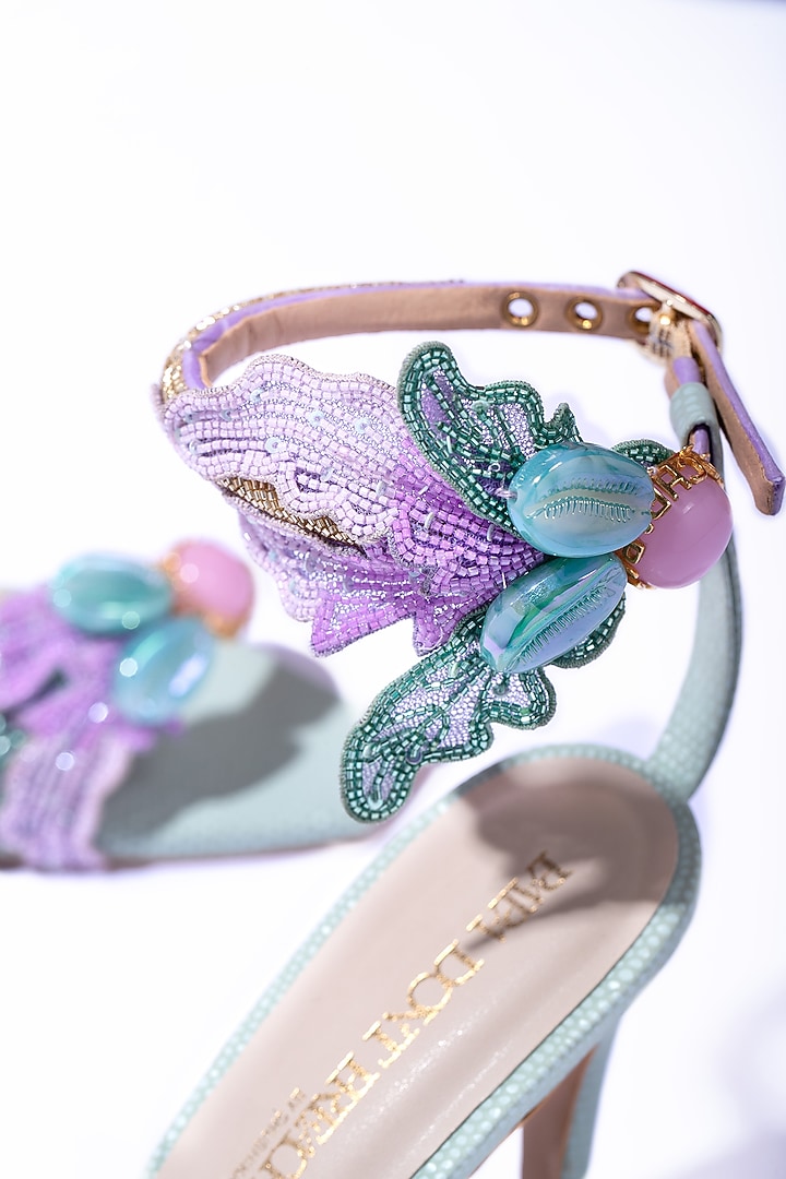 Mint & Lilac Vegan Leather Embroidered Feathered Stilettos by Papa Don't Preach by Shubhika Footwear at Pernia's Pop Up Shop