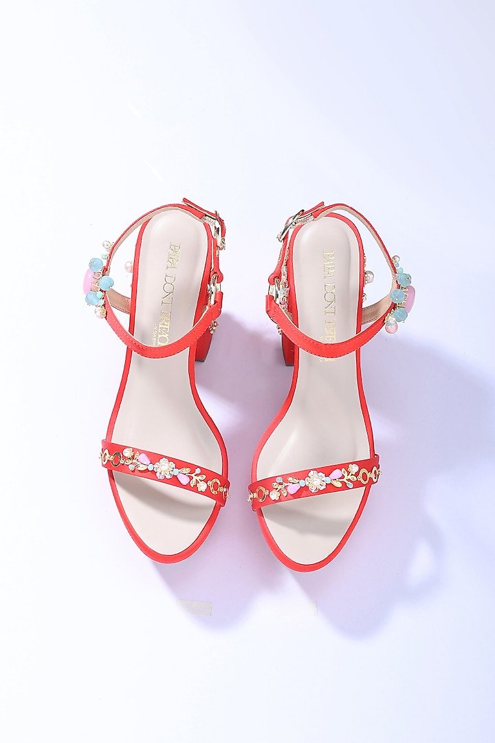Red Artificial Satin Swarovski Pearl Embellished Platform Block Heels by Papa Don't Preach by Shubhika Footwear at Pernia's Pop Up Shop