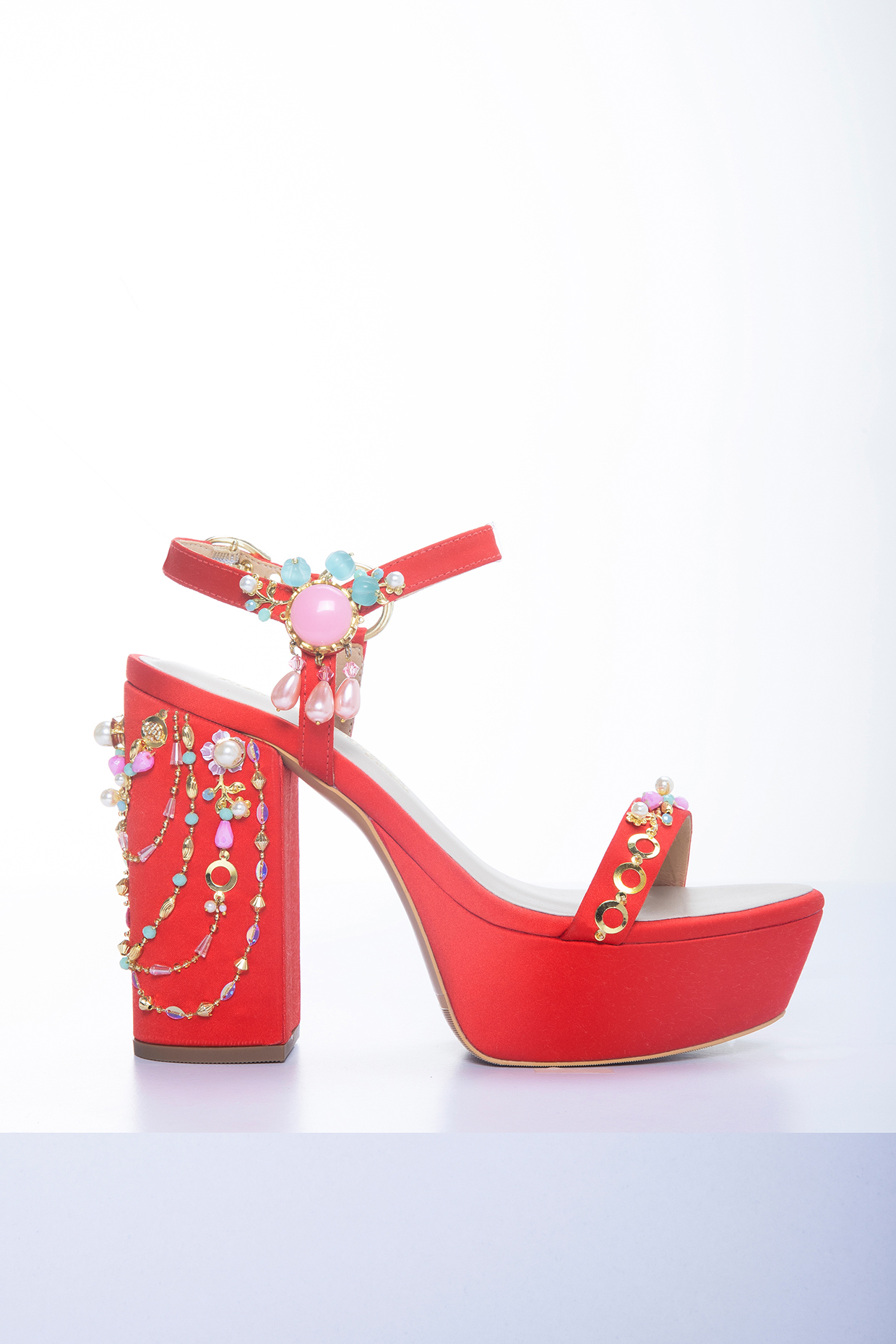Red Artificial Satin Swarovski Pearl Embellished Platform Block Heels by Papa Don't Preach by Shubhika Footwear at Pernia's Pop Up Shop